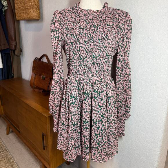 Women's Lulus Pink and Green Floral Smocked Top Long Sleeve Dress Size L NEW - Picture 2 of 8